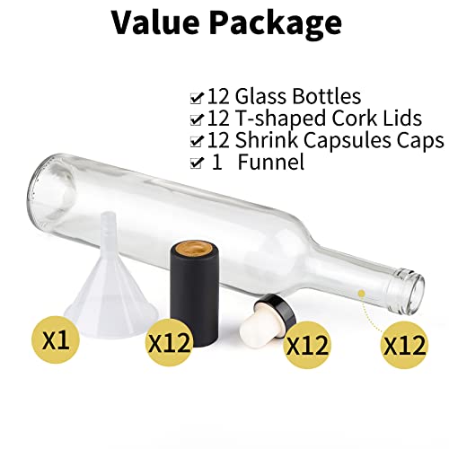 12 Pack 16oz Clear Glass Bottles with Cork Lids and Funnel for Home Brewing