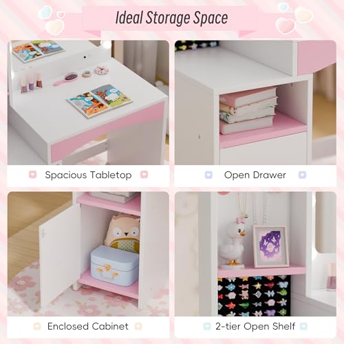 Kids Vanity Table and Chair Set with LED Mirror and Jewelry Organizer