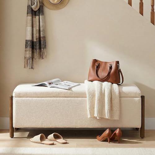 47-Inch Upholstered Storage Ottoman Bench, Beige Fabric Bedroom Entryway Bench