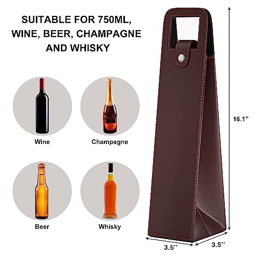 Brown Leather Single Bottle Wine Carrier Bag - Reusable Wine Tote