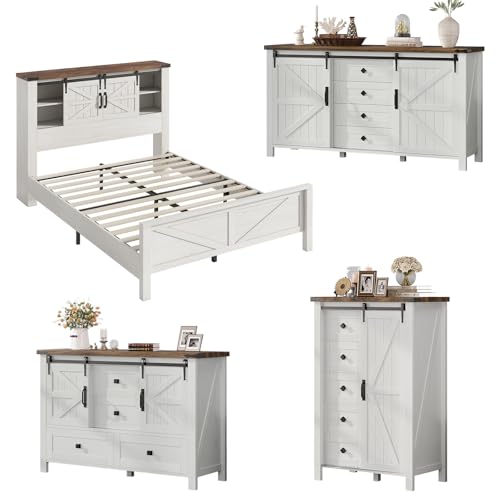 4-Piece Farmhouse Bedroom Set with Full Bed, Bookcase Headboard and 3 Dressers