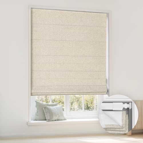 No Drill Cordless Roman Shades, 34" W x 64" H, Beige - Light Blocking & Heat Insulating