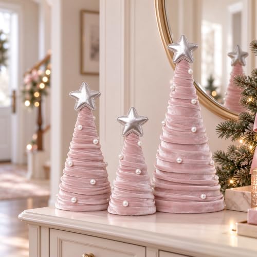 Pink Velvet Cone Christmas Tree Set with Pearls, 3-Piece Tabletop Decor