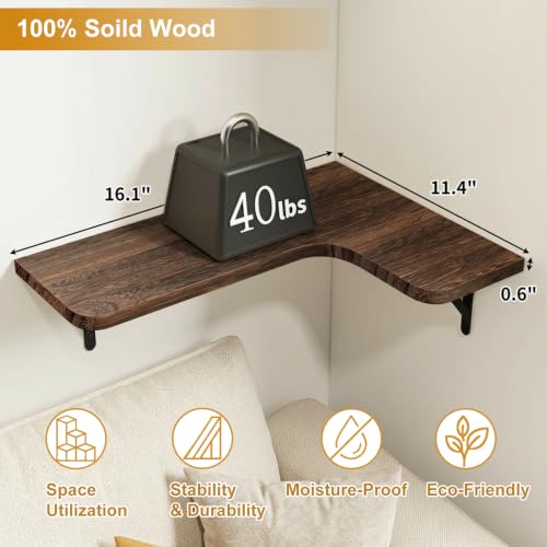 5-Piece Corner Floating Shelves, Solid Wood Wall Shelves with Metal Brackets