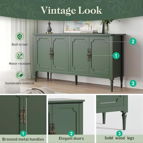 59-Inch Mid-Century Modern Buffet Cabinet with Adjustable Shelves - Forest Green