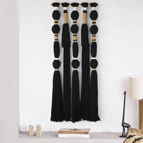 Black Macrame Wall Hanging - Geometric Boho Cotton Tapestry (15.7" x 39")