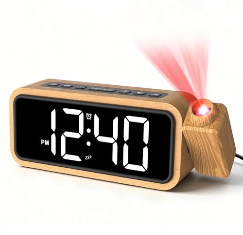 Wooden Projection Alarm Clock with Rotatable Projector for Ceiling
