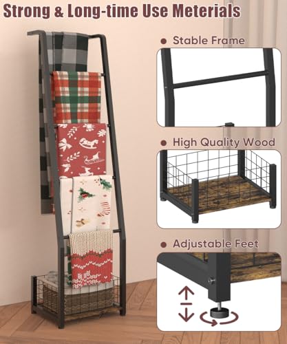5-Tier Blanket Ladder with Storage Basket, Leaning Quilt Rack Stand