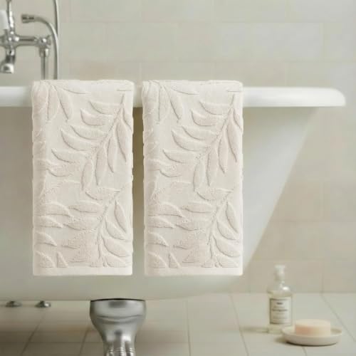 3D Leaves Jacquard Hand Towels - 100% Cotton Soft Absorbent, 2-Piece Set