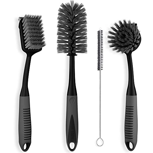 4-Piece Kitchen Dish Brush Set with Non-Slip Long Handle - Black