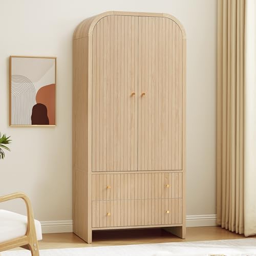 Arched 2-Door Wardrobe Closet with Hanging Rod and 2 Drawers
