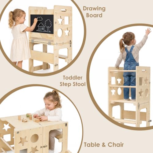 4-in-1 Foldable Toddler Kitchen Helper Stool with Blackboard