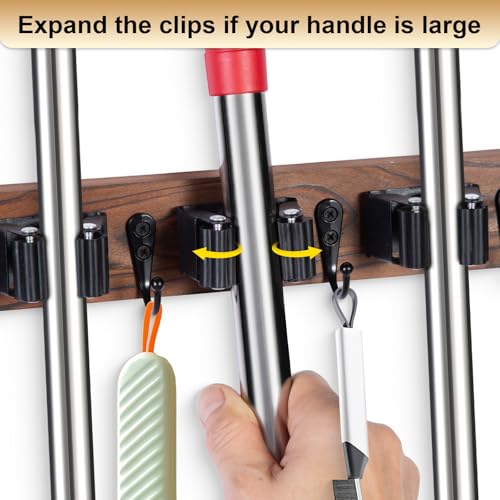 Rustic Wood Broom and Mop Holder Wall Mount with 5 Slots and 4 Hooks