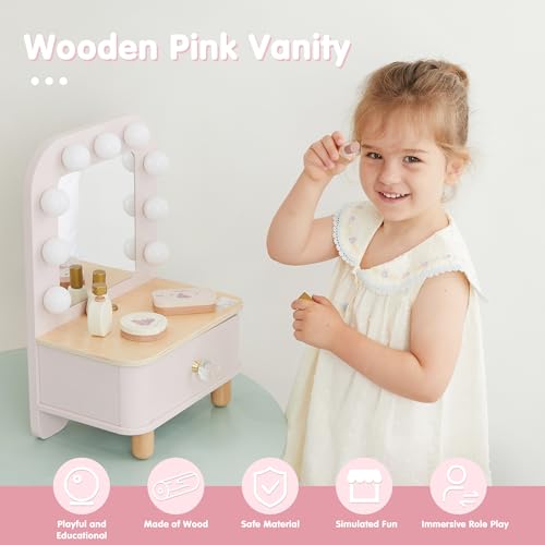 Wooden Toddler Makeup Vanity Set with Lighted Mirror and 10 Accessories