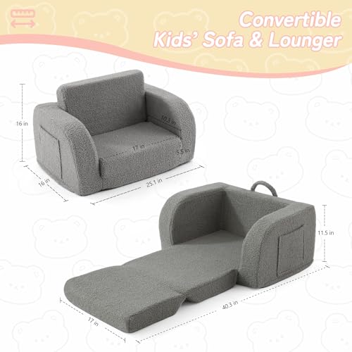 2-in-1 Convertible Toddler Couch & Fold-Out Foam Sofa Chair - Grey
