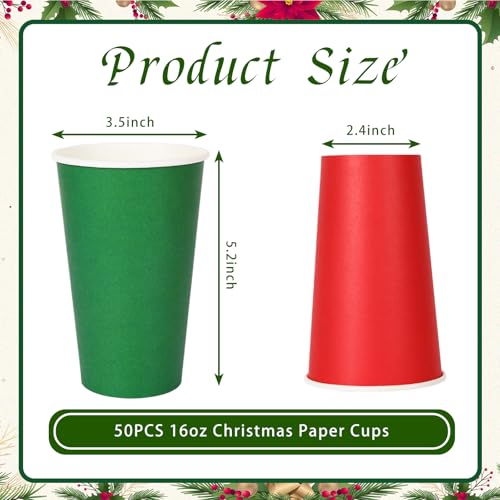 Whaline 16oz Christmas Paper Cups (50 Count) Red & Green Disposable Holiday Cups