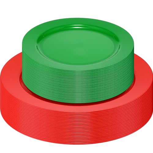 Maxcheck 80 Pcs Christmas Disposable Plastic Plates Green & Red Set - 7" & 10"
