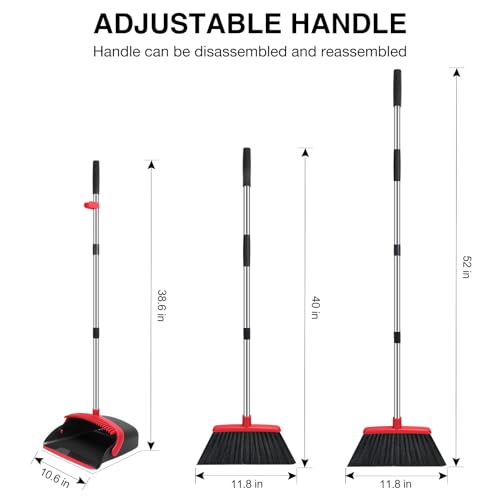 Broom and Dustpan Set with 52-Inch Long Handle and Built-in Comb Teeth