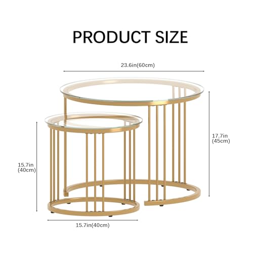 Round Nesting Coffee Table Set of 2, Gold Metal Frame with Glass Top