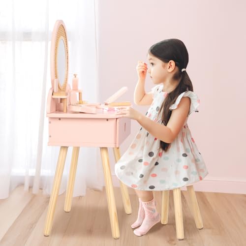 Toddler Vanity Set with Chair and 11-Piece Pretend Makeup Accessories