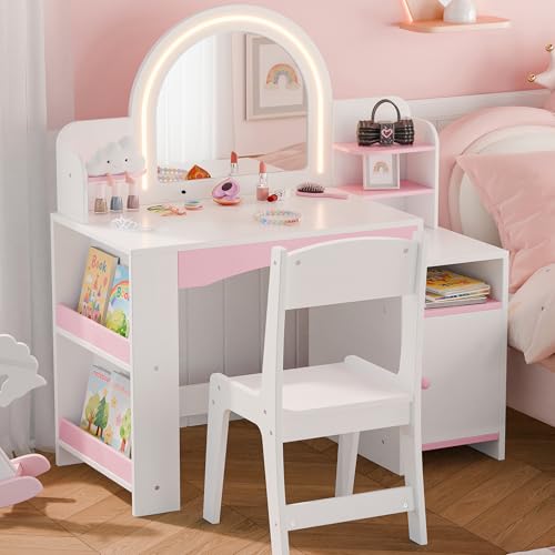 Kids Vanity Table and Chair Set with LED Lighted Mirror and Storage