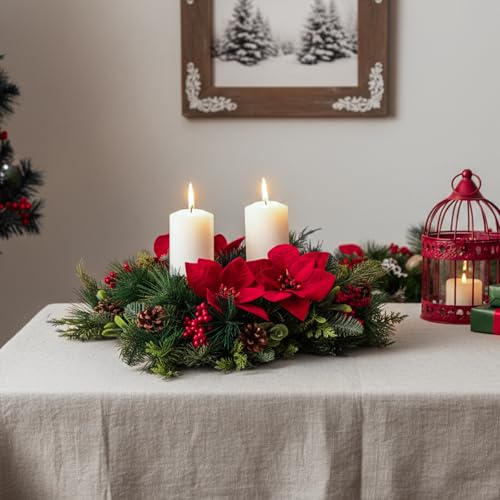 Kathfly 20" Poinsettia Centerpiece with 2 Candle Holders - Thick Red Poinsettia, Pine Cones & Berries (Variation: Thick / Poinsettia)