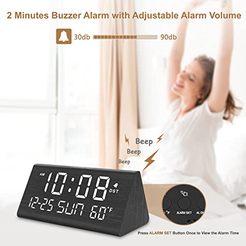 Wooden Digital Alarm Clock with USB Charging Port & Temperature Display