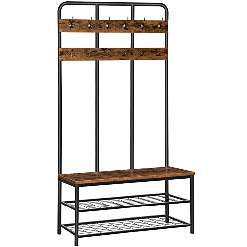 Industrial Hall Tree with Bench, 12-Hook Coat Rack and Shoe Storage Organizer