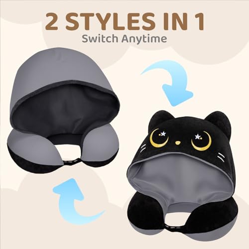 Travel Neck Pillow with Hood - Memory Foam, Adjustable, Washable, Gray