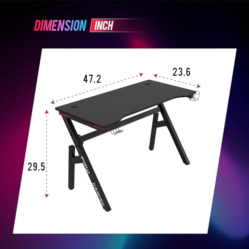 47-Inch R-Shaped Gaming Desk with Carbon Fiber Texture and Cup Holder