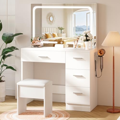 35.4" White Vanity Desk Set with LED Mirror, Charging Station & Stool