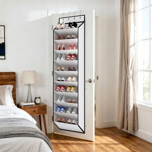 10-Tier Over-the-Door Shoe Organizer with Bamboo Support, White
