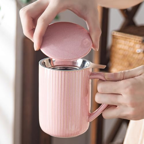 Yundu Flambe Pink Ceramic Tea Cup with Infuser & Lid 15.5oz/470ml