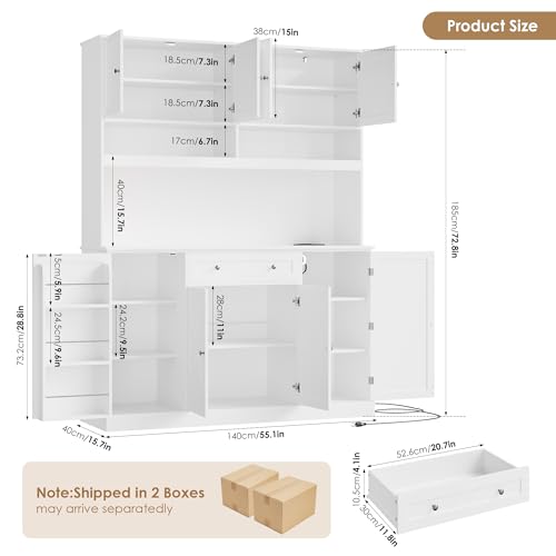 Large Kitchen Pantry Cabinet with LED Lights, Charging Station & Hutch