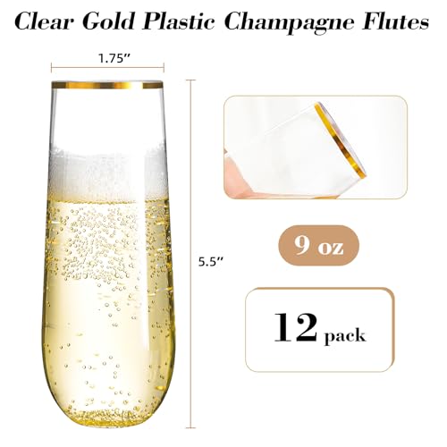 12-Pack Stemless Plastic Champagne Flutes, 9 oz Gold Rim Disposable Cups
