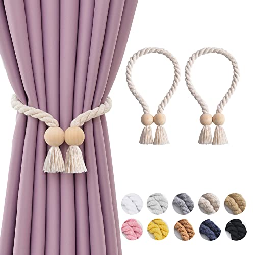 Magnetic Curtain Tiebacks - 2 Pack Boho Cotton Rope Holdbacks