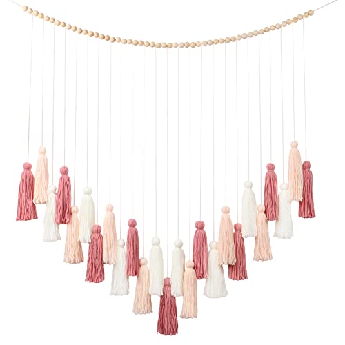 Blush Pink Tassel Garland, 33-Inch Handmade Cotton Boho Wall Hanging