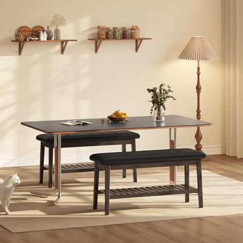 2-Tier Bamboo Dining Bench with PU Leather Seat, 39-Inch Entryway Bench