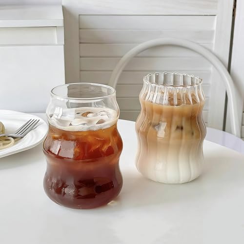 2 Pcs Ribbed Glass Cups 18 oz - Aesthetic Wavy Iced Coffee & Matcha Glasses