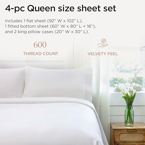 600 Thread Count 100% Cotton Queen Sheet Set - White Sateen 4-Piece