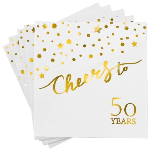 Vuzvuv 52 Pcs 50th Birthday Cocktail Napkins - Confetti White with Gold Dots, 3-Ply, 5" Folded, Cheers to 50 Years Party Supplies