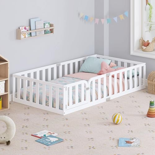 Twin Size Montessori Floor Bed Frame with Fence and Door - Solid Wood