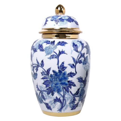 Andaliz Blue and White Ginger Jar 16" Tall Vase with Gold Trim - Porcelain Decor