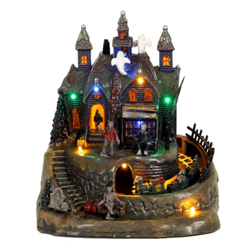 Animated Halloween Village Haunted House with Moving Train and LED Lights
