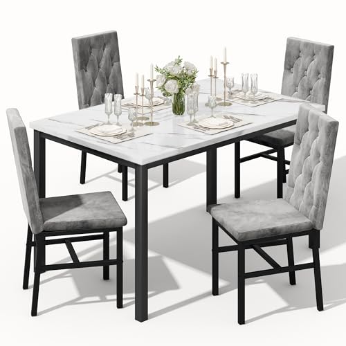 5-Piece Faux Marble Dining Table Set for 4 with Button Tufted Chairs