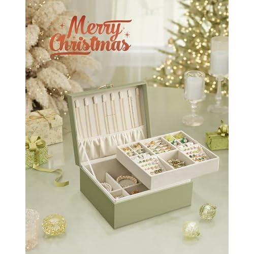 SONGMICS 2-Layer Jewelry Box, Jewelry Organizer with Handle, Removable Jewelry Tray, Jewelry Storage, Floating Effect, 8.1 x 9.4 x 4.3 Inches, Christmas Gift, Laurel Green UJBC165C02