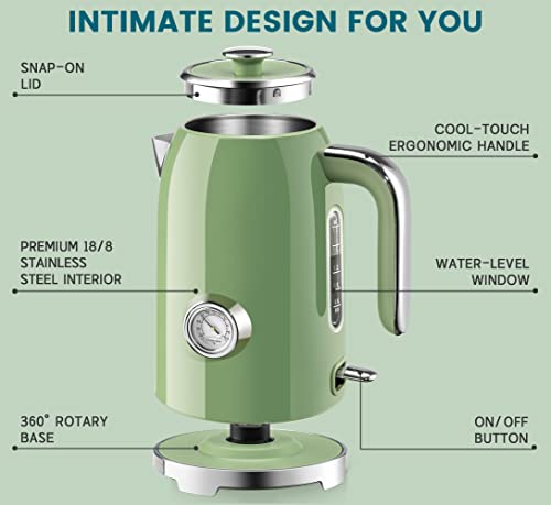 1.7L Retro Electric Kettle with Thermometer - Stainless Steel Water Boiler