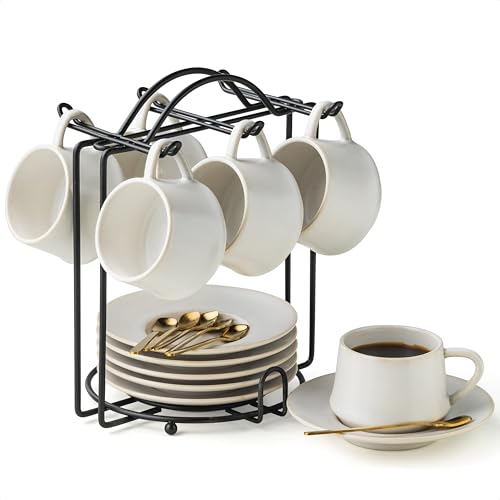 YHOSSEUN Reactive Beige 4 oz Espresso Cups Set of 6 with Saucers Spoons & Stand