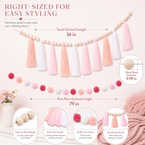 Boho Tassel and Pom Pom Garland Set - 3 Piece Wall Decor for Nursery