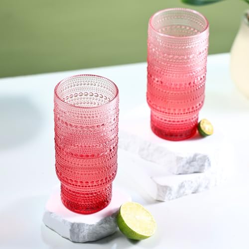 Gradual Red Hobnail Glasses Set of 6 - 16 oz Vintage Water Tumblers for Drinks